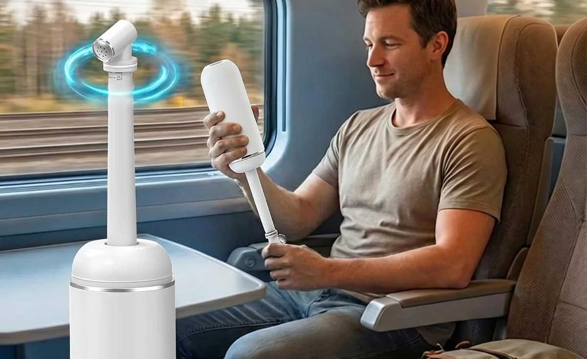 A traveler holds a Redsack squeeze bidet on a train