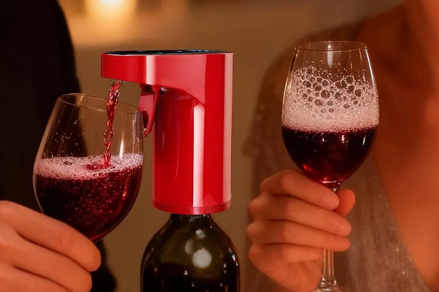 A Redsack dispenser pours red wine into a glass