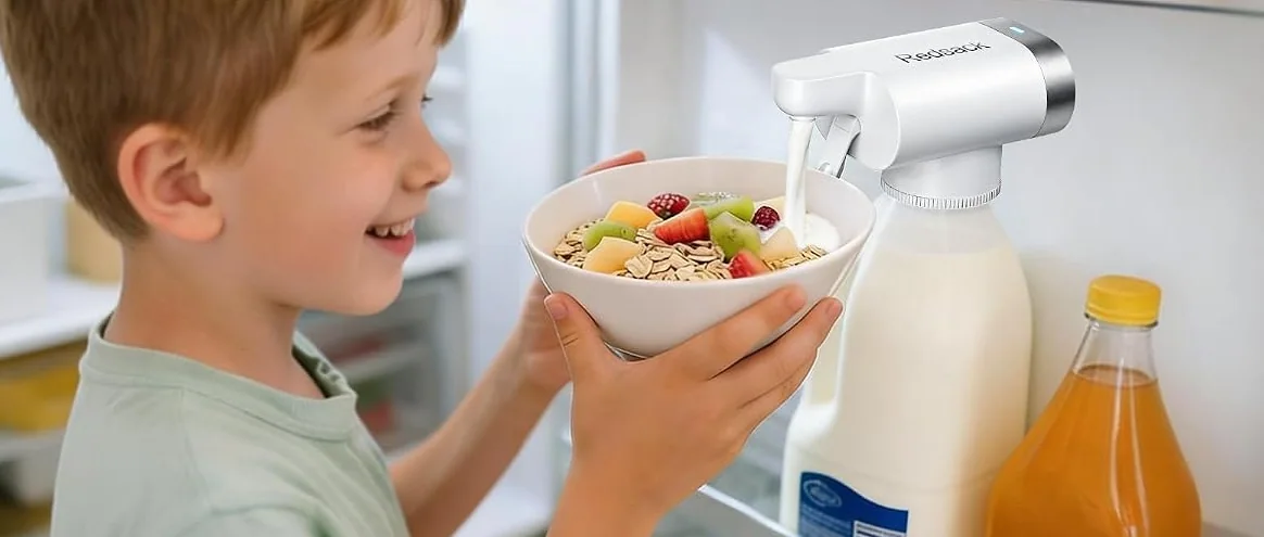A boy holds a bowl under the Redsack Milk & Drink Dispenser in the fridge